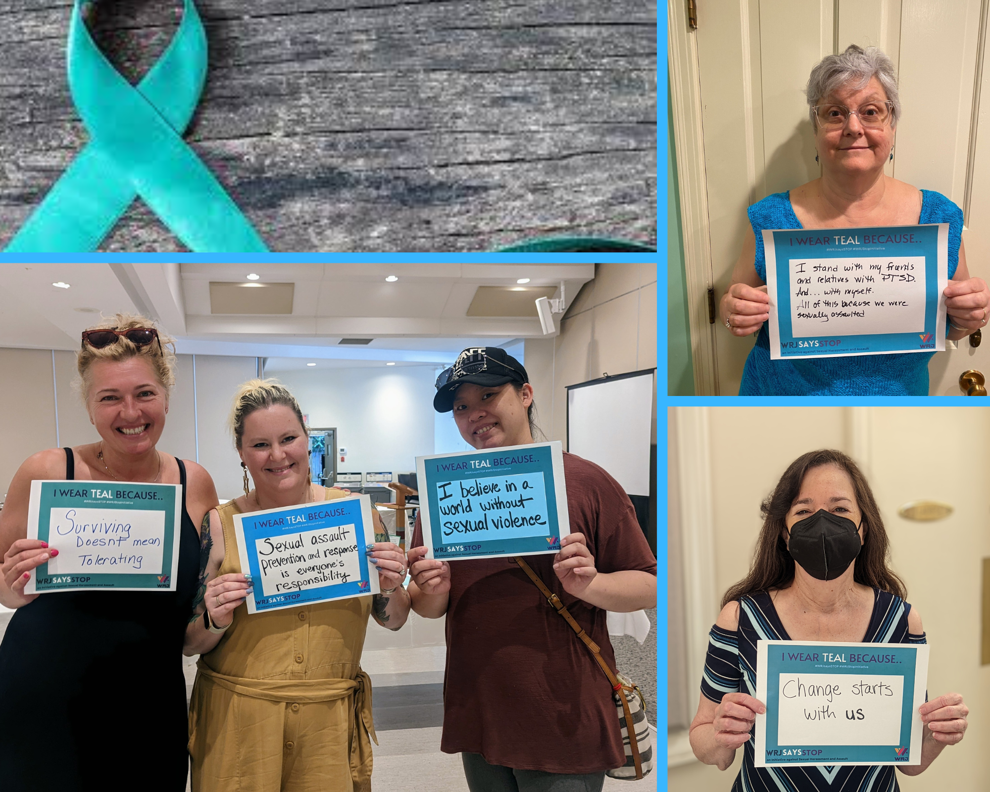 Women holding signs with messages of support for survivors of sexual assault and harassment